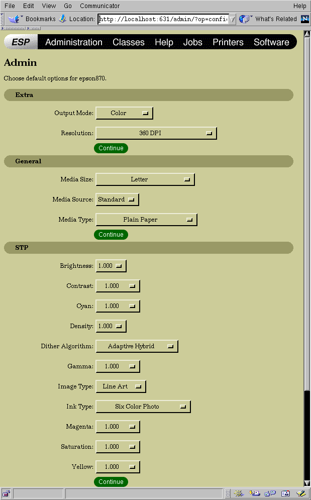 The CUPS Printer Configuration Window