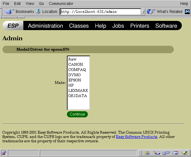 The CUPS Admin Model/Driver Window